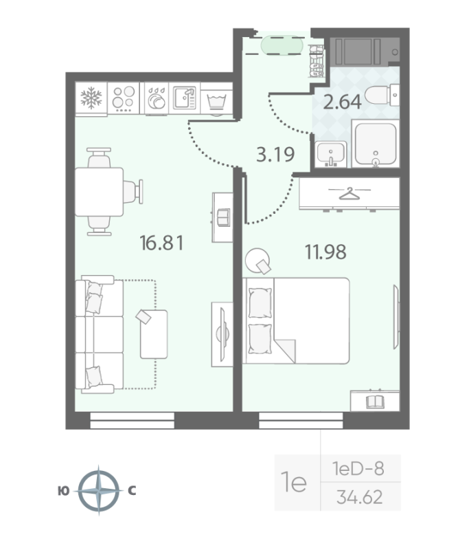 2-комнатная (Евро) квартира, 34.4 м² в ЖК "Морская миля" - планировка, фото №1
