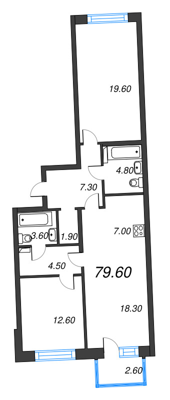 3-комнатная (Евро) квартира, 79.6 м² в ЖК "Цвет Зеленогорска" - планировка, фото №1