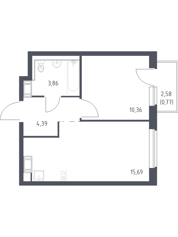 2-комнатная (Евро) квартира, 35.07 м² - планировка, фото №1