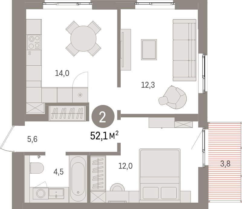 2-комнатная квартира, 52.1 м² в ЖК "Брусника в Новоселье" - планировка, фото №1