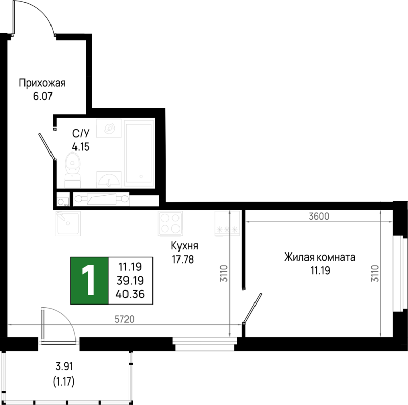 2-комнатная (Евро) квартира, 40.36 м² - планировка, фото №1