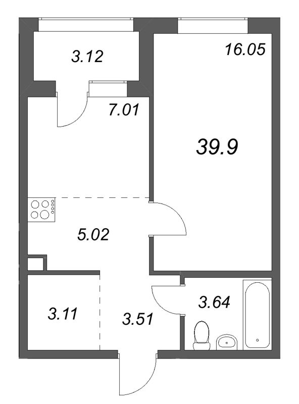 1-комнатная квартира, 39.9 м² в ЖК "Тишин" - планировка, фото №1