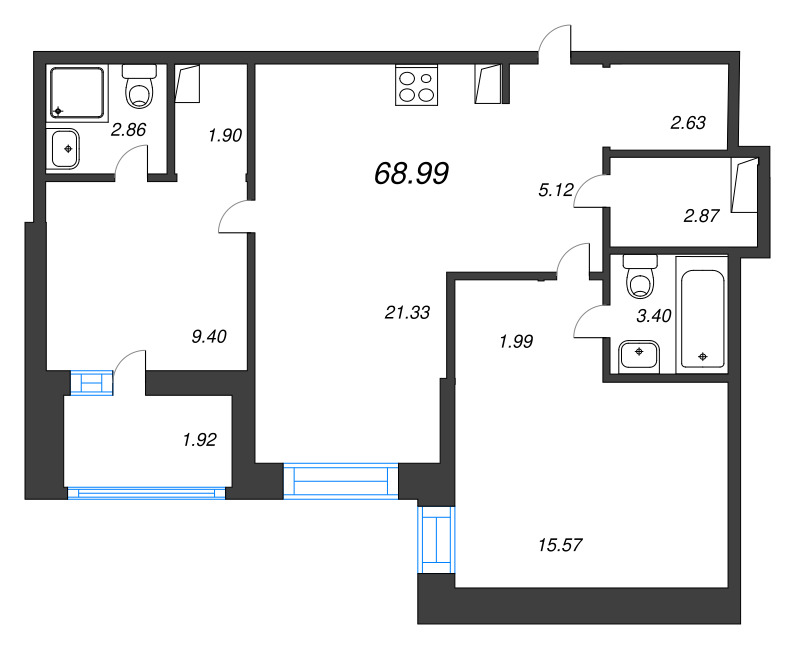 3-комнатная (Евро) квартира, 68.99 м² - планировка, фото №1