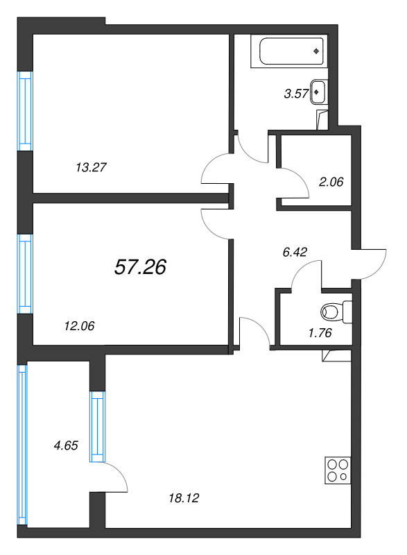 3-комнатная (Евро) квартира, 57.26 м² в ЖК "Любоград" - планировка, фото №1