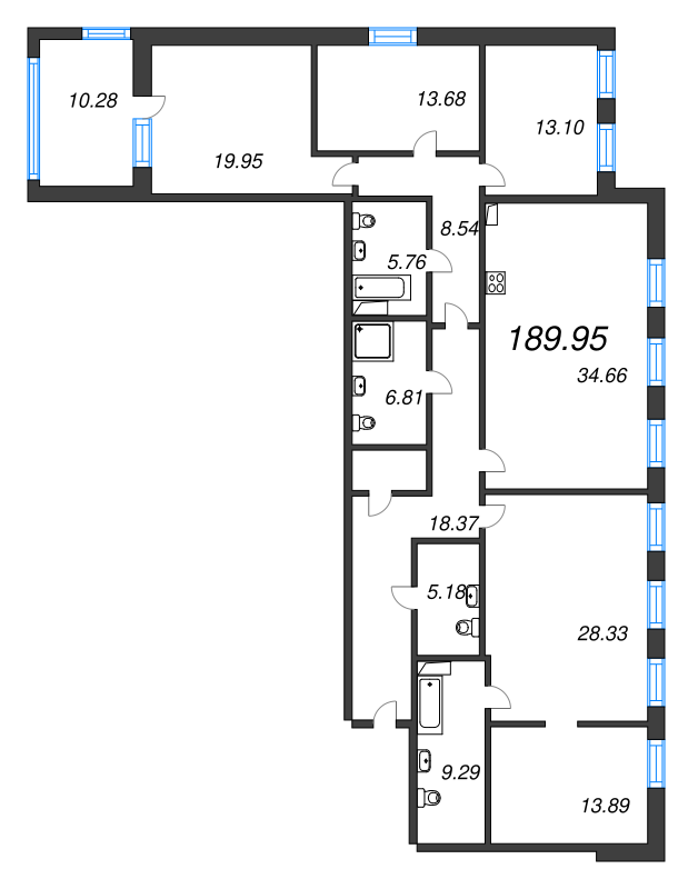 5-комнатная (Евро) квартира, 190.6 м² - планировка, фото №1