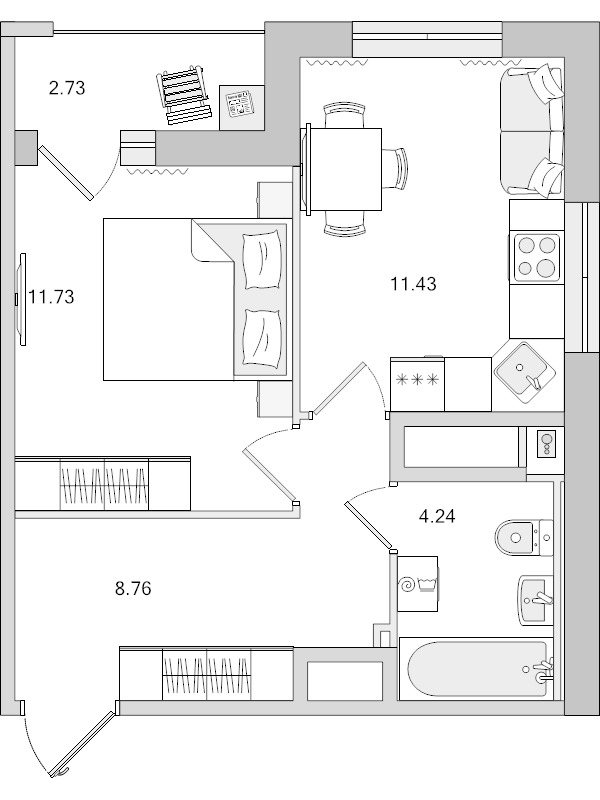 2-комнатная (Евро) квартира, 38.89 м² в ЖК "Город Первых" - планировка, фото №1