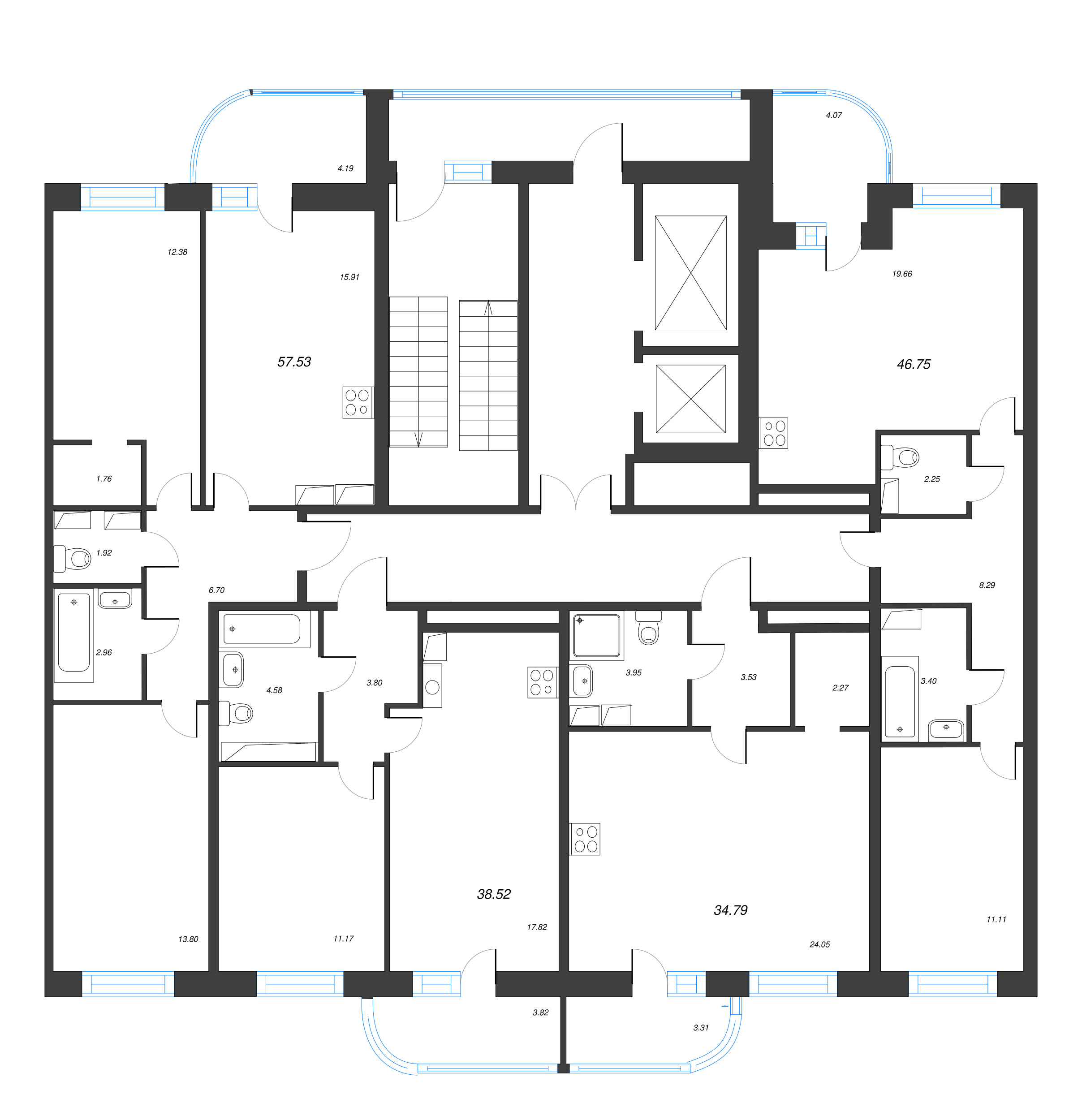 2-комнатная (Евро) квартира, 46.75 м² в ЖК "Энфилд" - планировка этажа