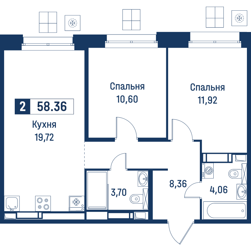 3-комнатная (Евро) квартира, 58.36 м² в ЖК "Символист" - планировка, фото №1