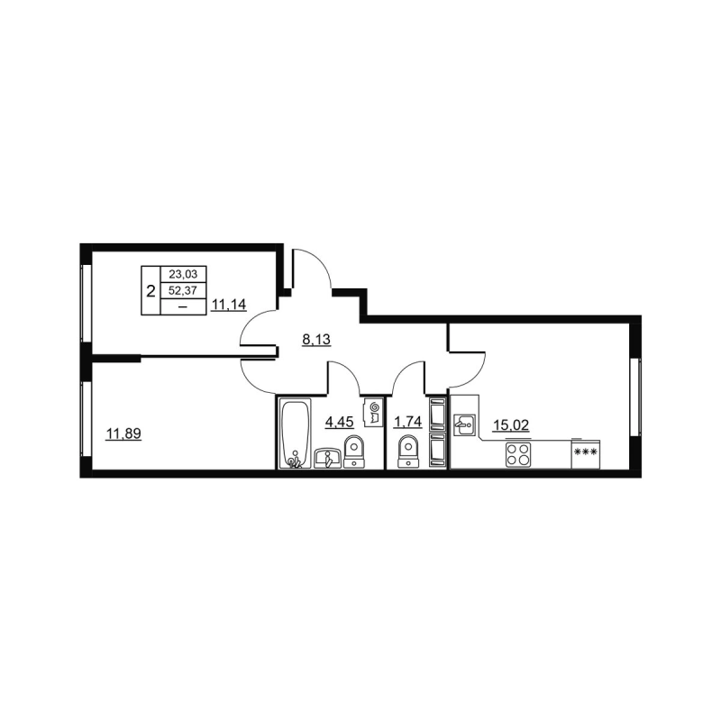 3-комнатная (Евро) квартира, 52.37 м² в ЖК "Высота. Новодевяткино" - планировка, фото №1