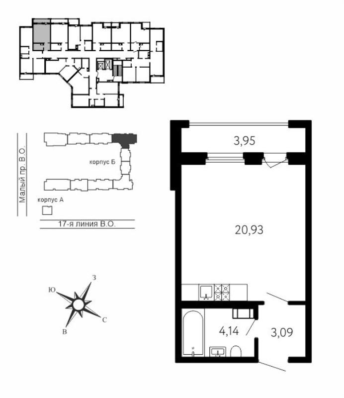 Квартира-студия, 29.35 м² в ЖК "17-я линия" - планировка, фото №1