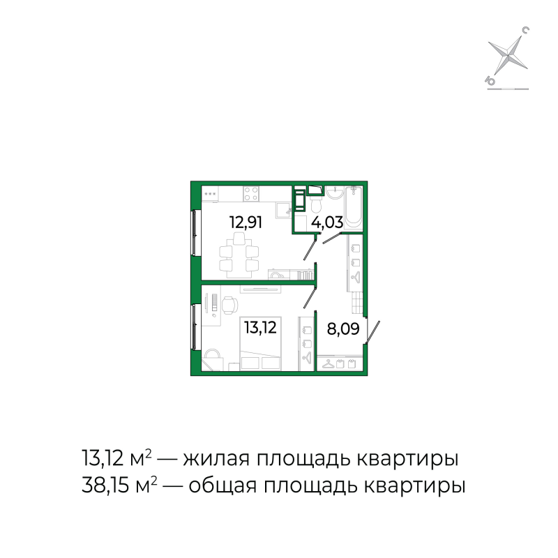 1-комнатная квартира, 38.15 м² в ЖК "Сертолово Парк" - планировка, фото №1