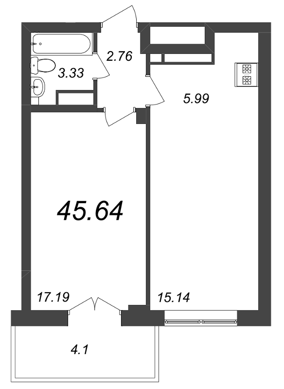 2-комнатная (Евро) квартира, 46.4 м² в ЖК "Neva Residence" - планировка, фото №1