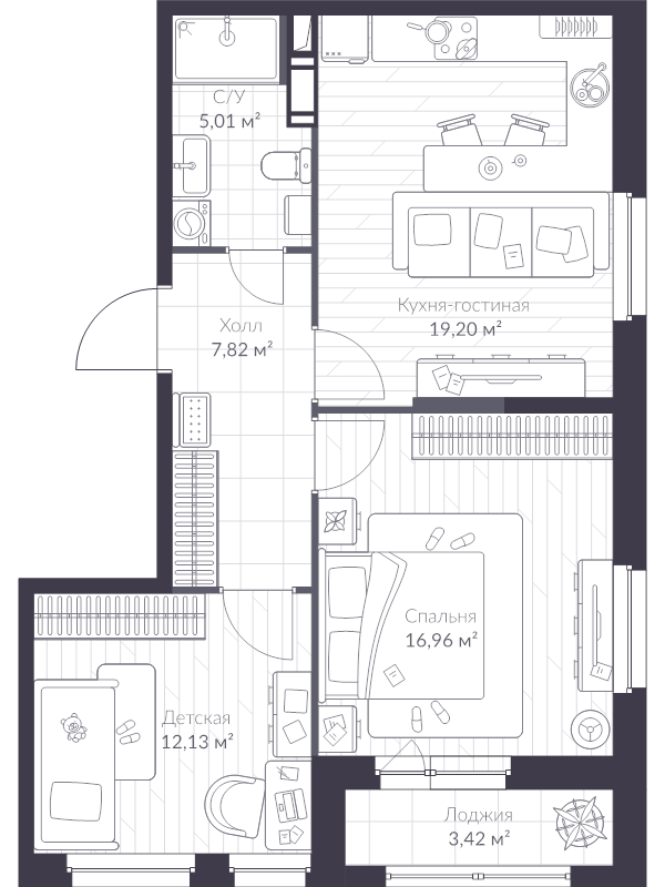 3-комнатная (Евро) квартира, 62.8 м² в ЖК "VEREN NEXT шуваловский" - планировка, фото №1