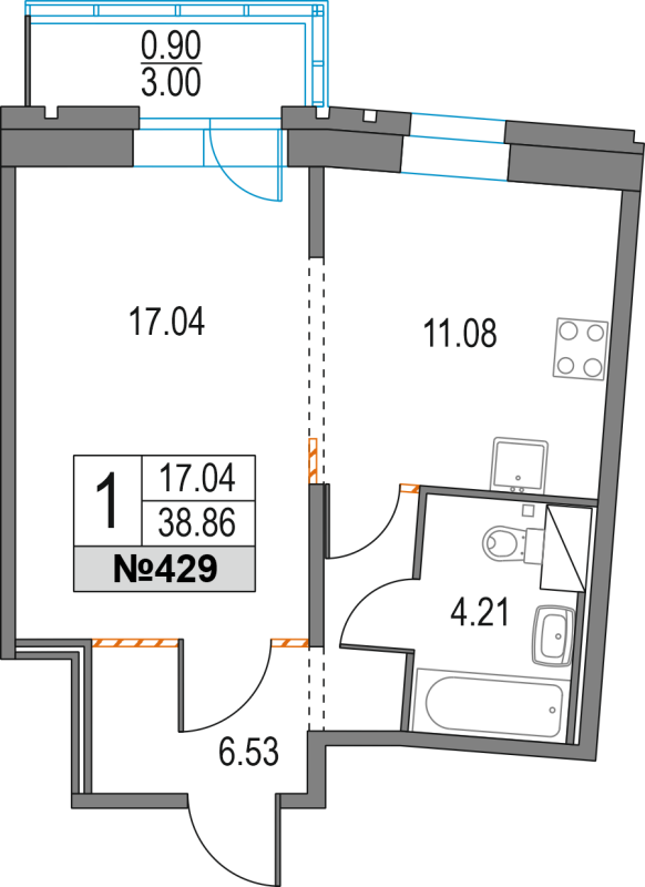 1-комнатная квартира, 38.86 м² - планировка, фото №1