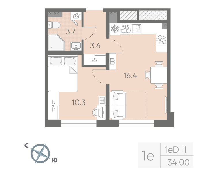 1-комнатная квартира, 34 м² в ЖК "Пулково Lake" - планировка, фото №1