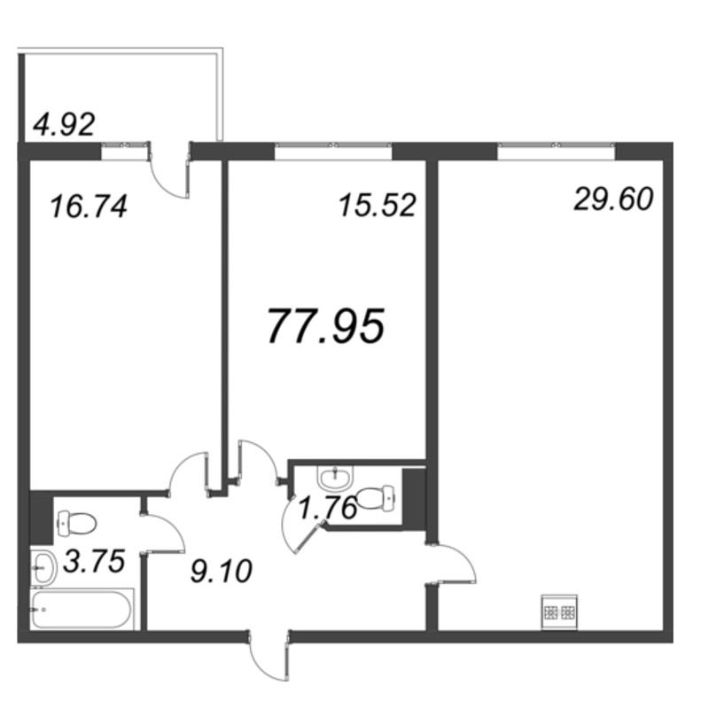 3-комнатная (Евро) квартира, 77.95 м² - планировка, фото №1