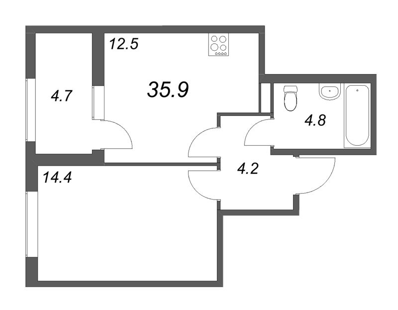 1-комнатная квартира, 35.9 м² в ЖК "ЮгТаун" - планировка, фото №1