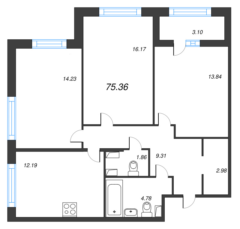 3-комнатная квартира, 75.36 м² - планировка, фото №1