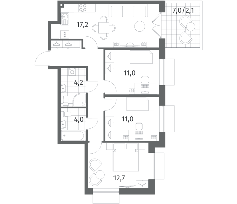 4-комнатная (Евро) квартира, 76.5 м² в ЖК "Парусная 1" - планировка, фото №1
