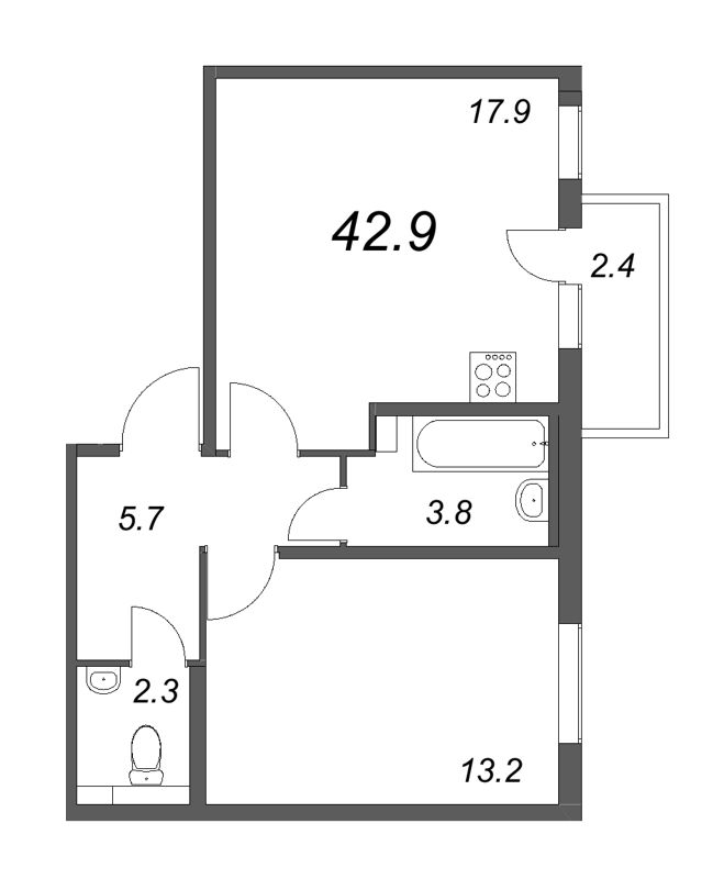 1-комнатная квартира, 42.9 м² - планировка, фото №1