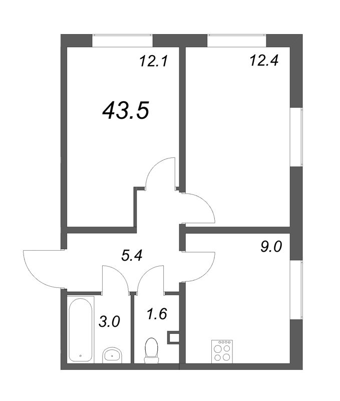 2-комнатная квартира, 43.5 м² в ЖК "ЛСР. Ржевский парк" - планировка, фото №1
