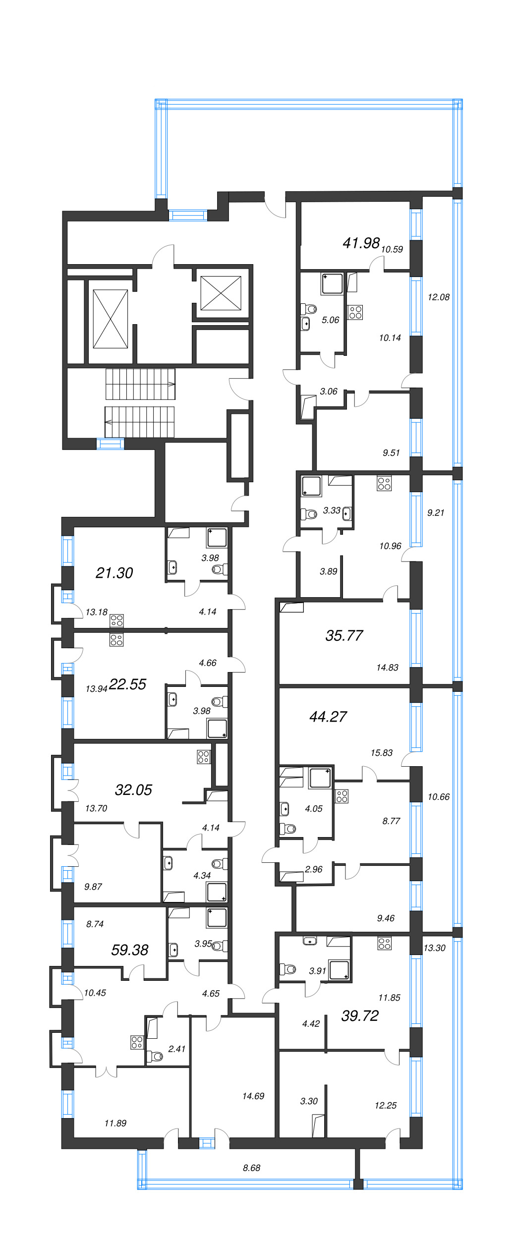 3-комнатная квартира, 59.38 м² - планировка этажа