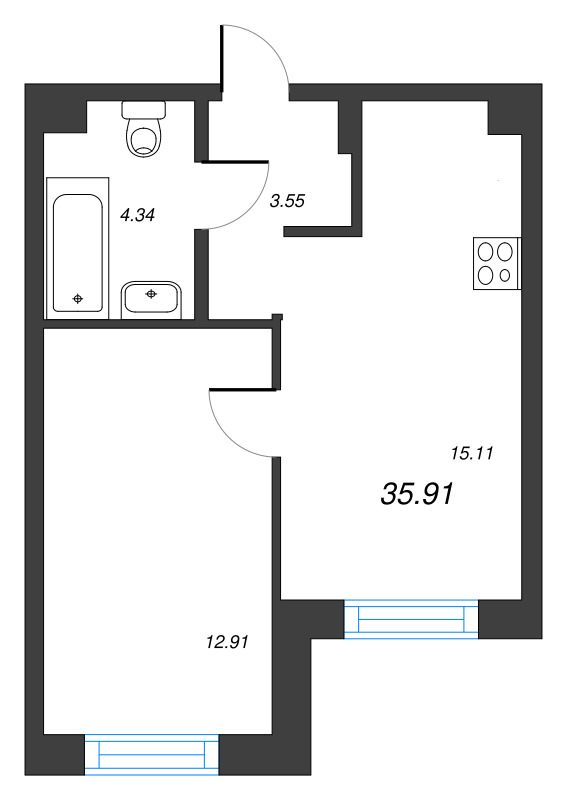 2-комнатная (Евро) квартира, 35.91 м² в ЖК "Тишин" - планировка, фото №1