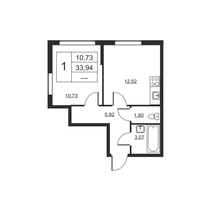 1-комнатная квартира, 33.94 м² - планировка, фото №1