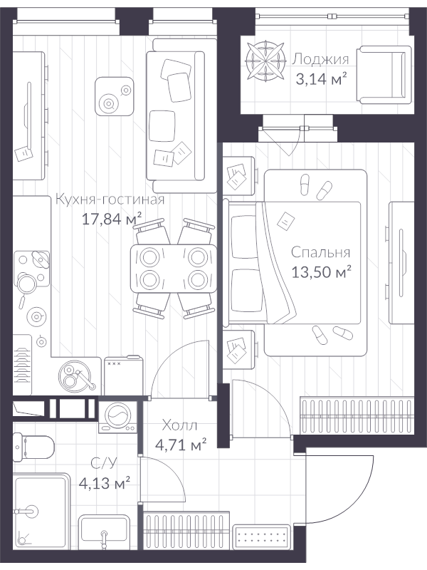 2-комнатная (Евро) квартира, 42.1 м² в ЖК "VEREN NEXT шуваловский" - планировка, фото №1