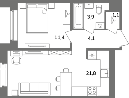 2-комнатная (Евро) квартира, 42.3 м² в ЖК "Антверпен" - планировка, фото №1