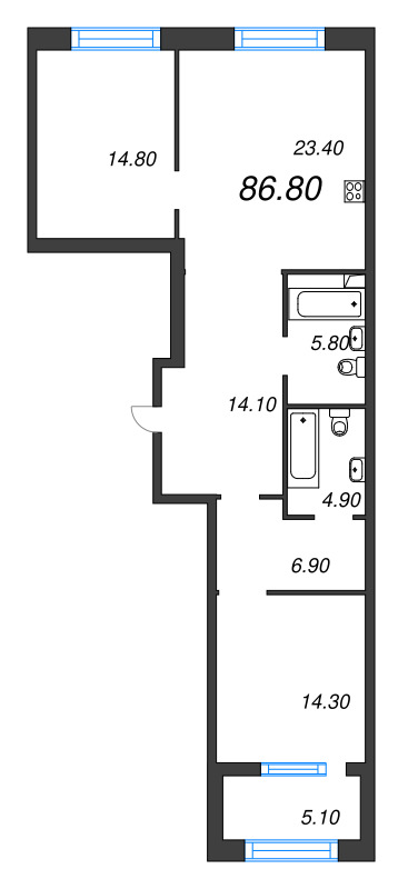 3-комнатная (Евро) квартира, 86.8 м² в ЖК "ЛДМ" - планировка, фото №1