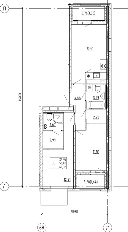 2-комнатная квартира, 60.32 м² - планировка, фото №1