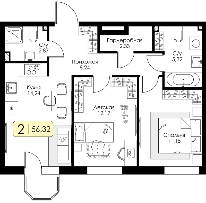2-комнатная квартира, 56.32 м² в ЖК "Всевгород" - планировка, фото №1