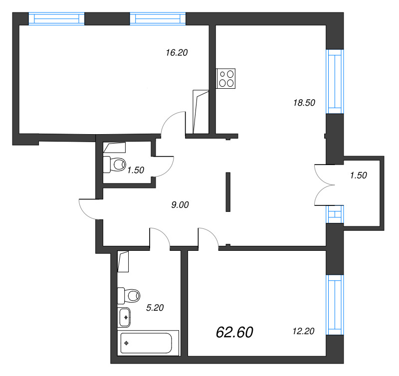 3-комнатная (Евро) квартира, 62.6 м² в ЖК "Струны" - планировка, фото №1