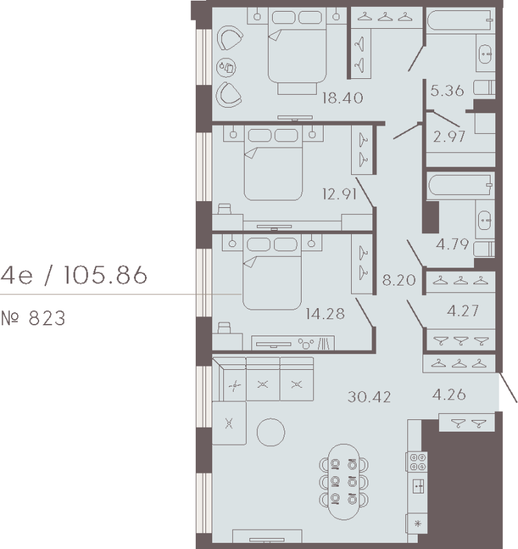 4-комнатная (Евро) квартира, 105.86 м² в ЖК "17/33 Петровский остров" - планировка, фото №1