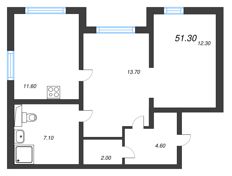 2-комнатная квартира, 51.3 м² в ЖК "Цветной город" - планировка, фото №1