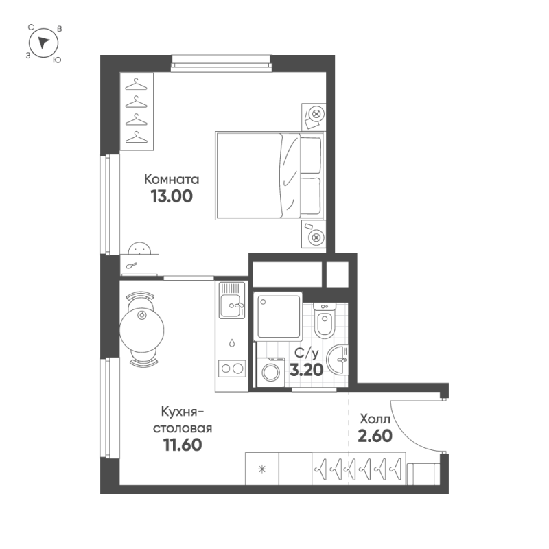 1-комнатная квартира, 30.4 м² в ЖК "Авеню-Апарт Пулково" - планировка, фото №1
