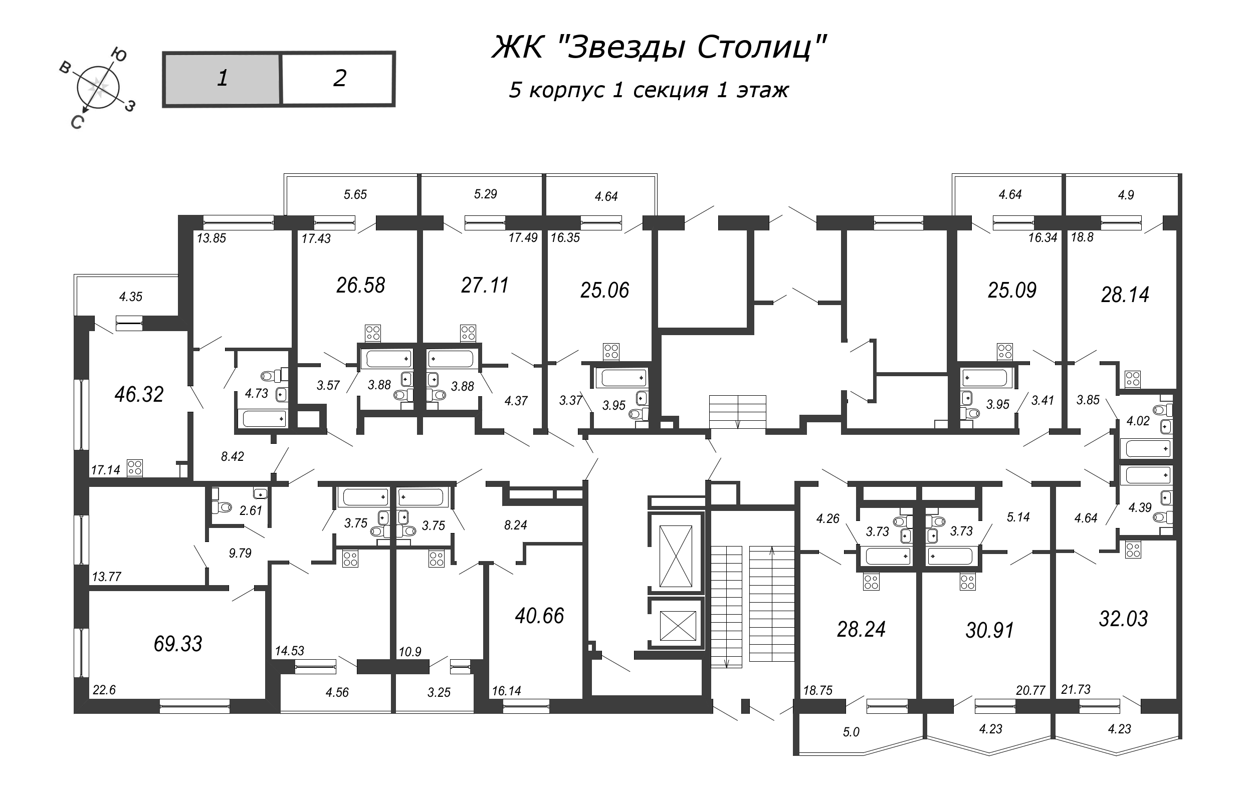 Квартира-студия, 26.9 м² в ЖК "Звезды Столиц" - планировка этажа