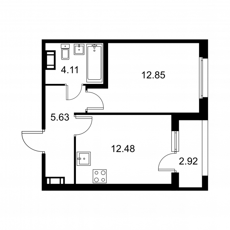 1-комнатная квартира, 36.53 м² - планировка, фото №1