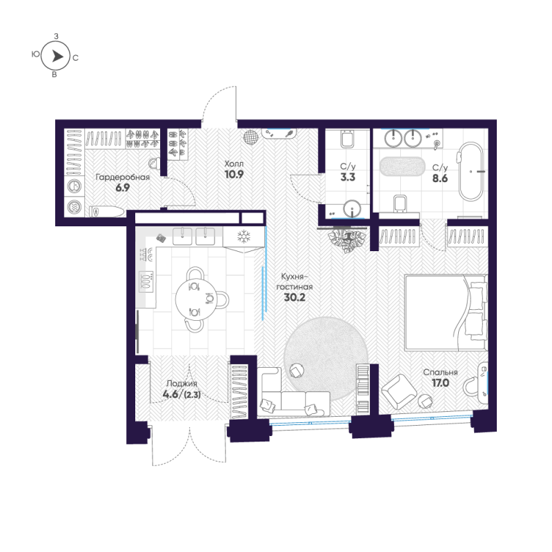 2-комнатная (Евро) квартира, 79.2 м² в ЖК "Mariinka Deluxe" - планировка, фото №1