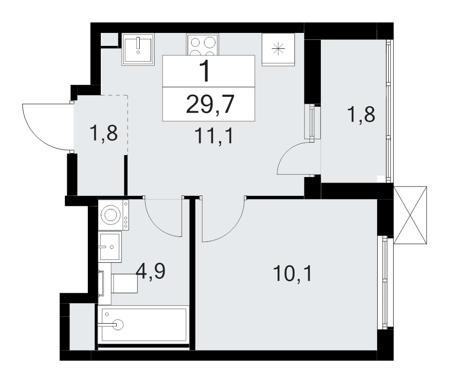 1-комнатная квартира, 29.7 м² - планировка, фото №1
