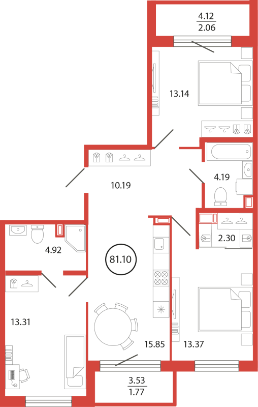 4-комнатная (Евро) квартира, 81.1 м² в ЖК "Энфилд" - планировка, фото №1
