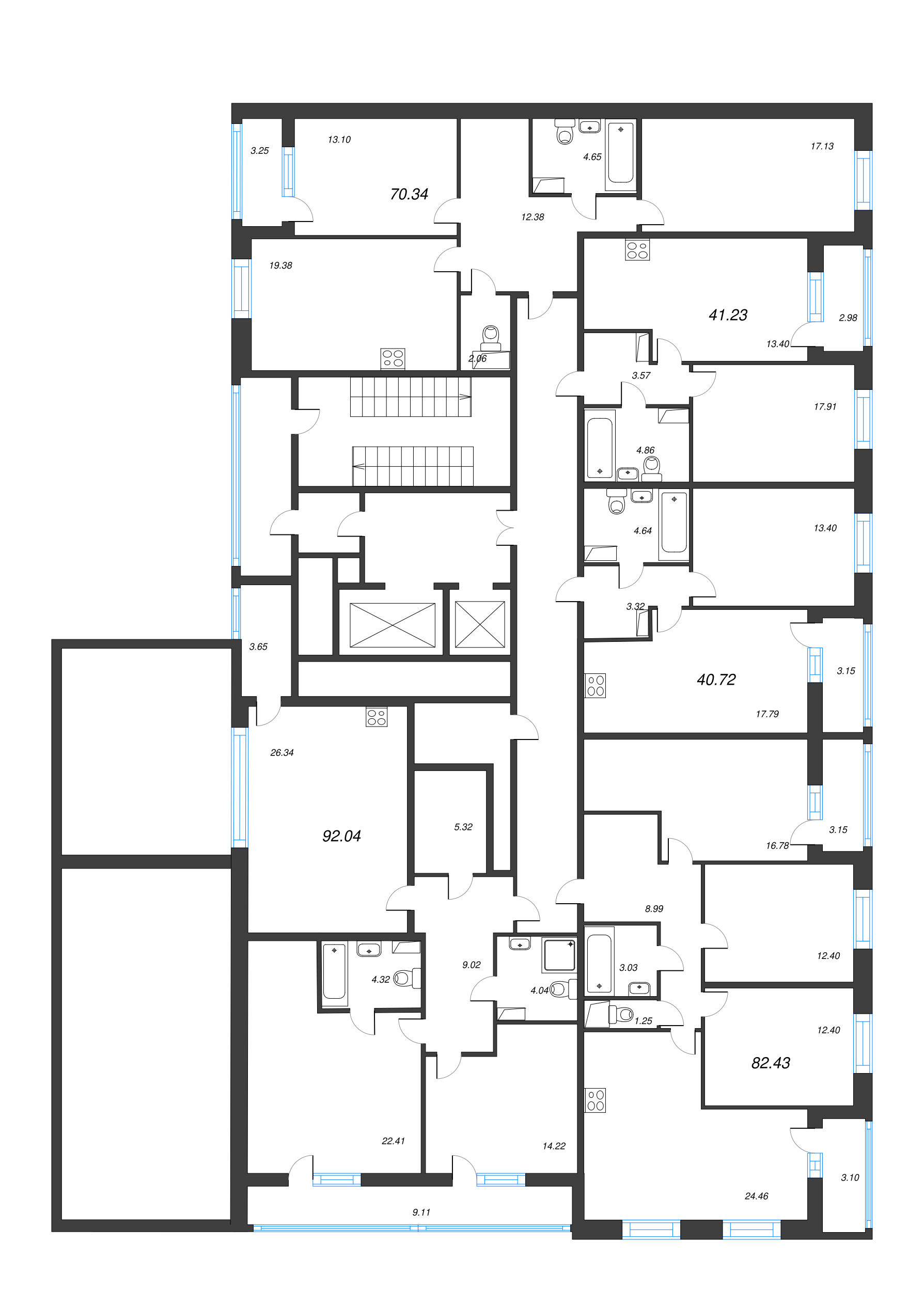 3-комнатная (Евро) квартира, 70.34 м² - планировка этажа
