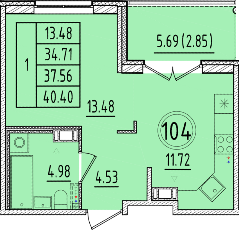 1-комнатная квартира, 34.71 м² в ЖК "Образцовый квартал 17" - планировка, фото №1