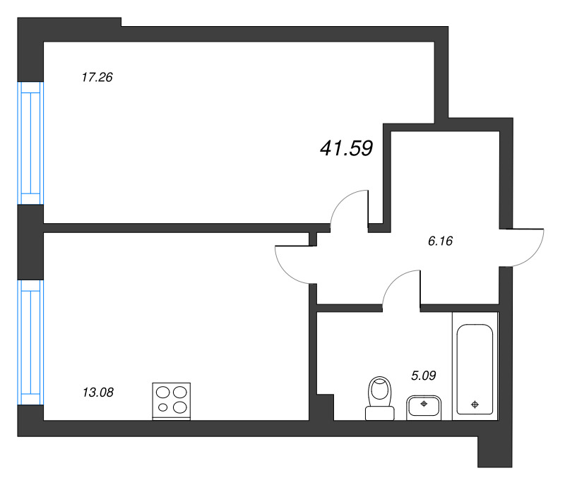 1-комнатная квартира, 41.59 м² в ЖК "Охтинские высоты" - планировка, фото №1