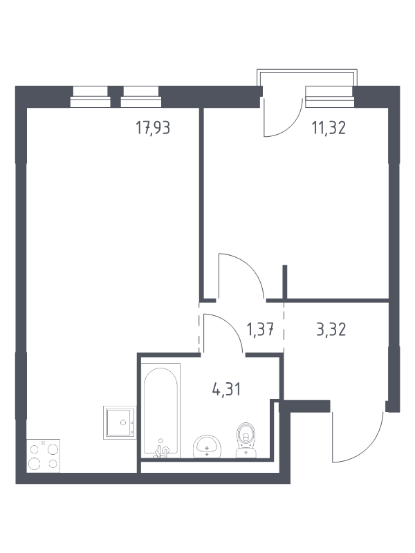 2-комнатная (Евро) квартира, 38.25 м² - планировка, фото №1