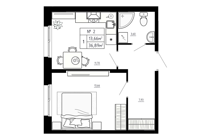 1-комнатная квартира, 36.89 м² в ЖК "Аннино Сити" - планировка, фото №1