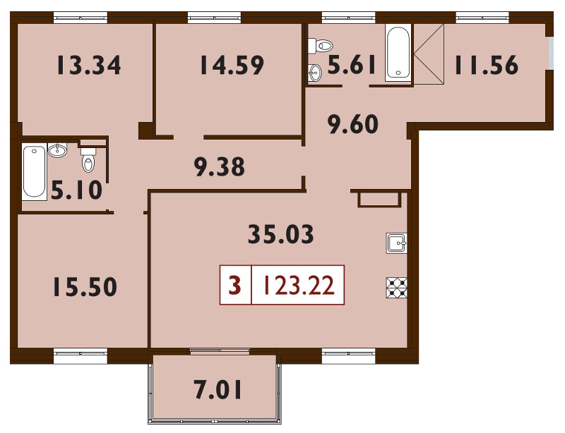 4-комнатная квартира, 122.9 м² - планировка, фото №1
