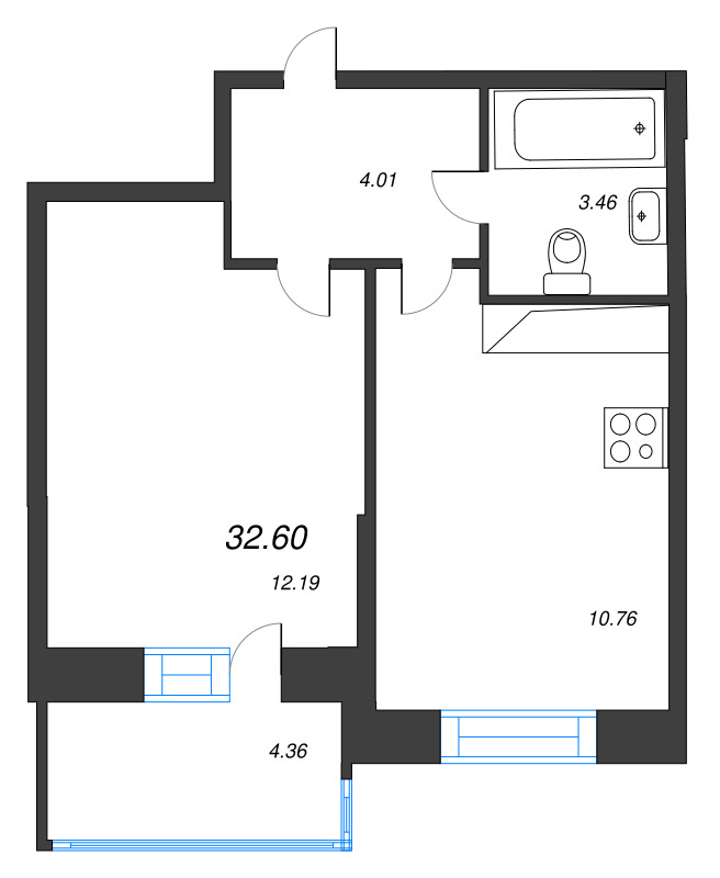 1-комнатная квартира, 32.6 м² в ЖК "Аквилон Stories" - планировка, фото №1