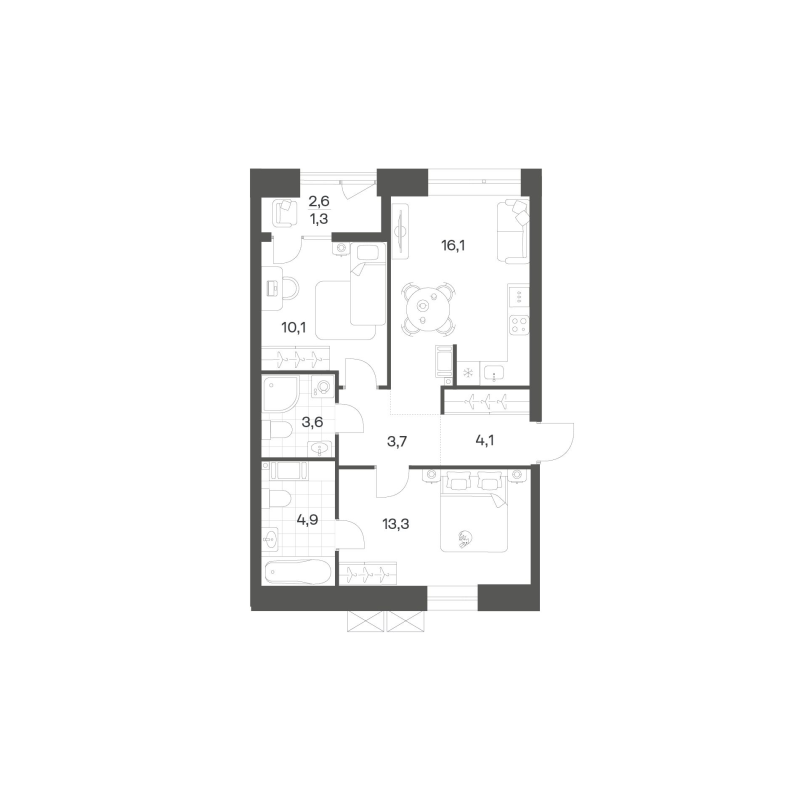 3-комнатная (Евро) квартира, 57.11 м² в ЖК "Новый Питер" - планировка, фото №1